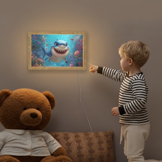 Nachtlampje 30x20 cm - Kinder lampje - Haai - Onderwaterwereld - Oceaan - Tafellamp kinderkamer - Slaapkamer lamp - Bedlamp kinderen - Kinderlampje stopcontact - Wandlamp babykamer - Nachtlampjes van Merkloos — afbeelding 5