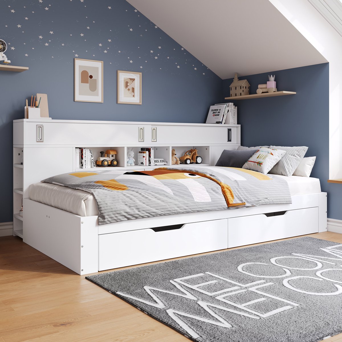 Kinderdagbed, 140 x 190 cm, eenpersoonsbed, multifunctioneel kinderbed met lades, plank en opbergkast, bed met opbergruimte, matras niet inbegrepen, wit