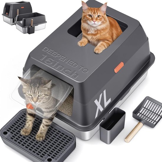 PawHut Kattenbak, roestvrij staal, XL-interieur, met schep, lichtgrijs