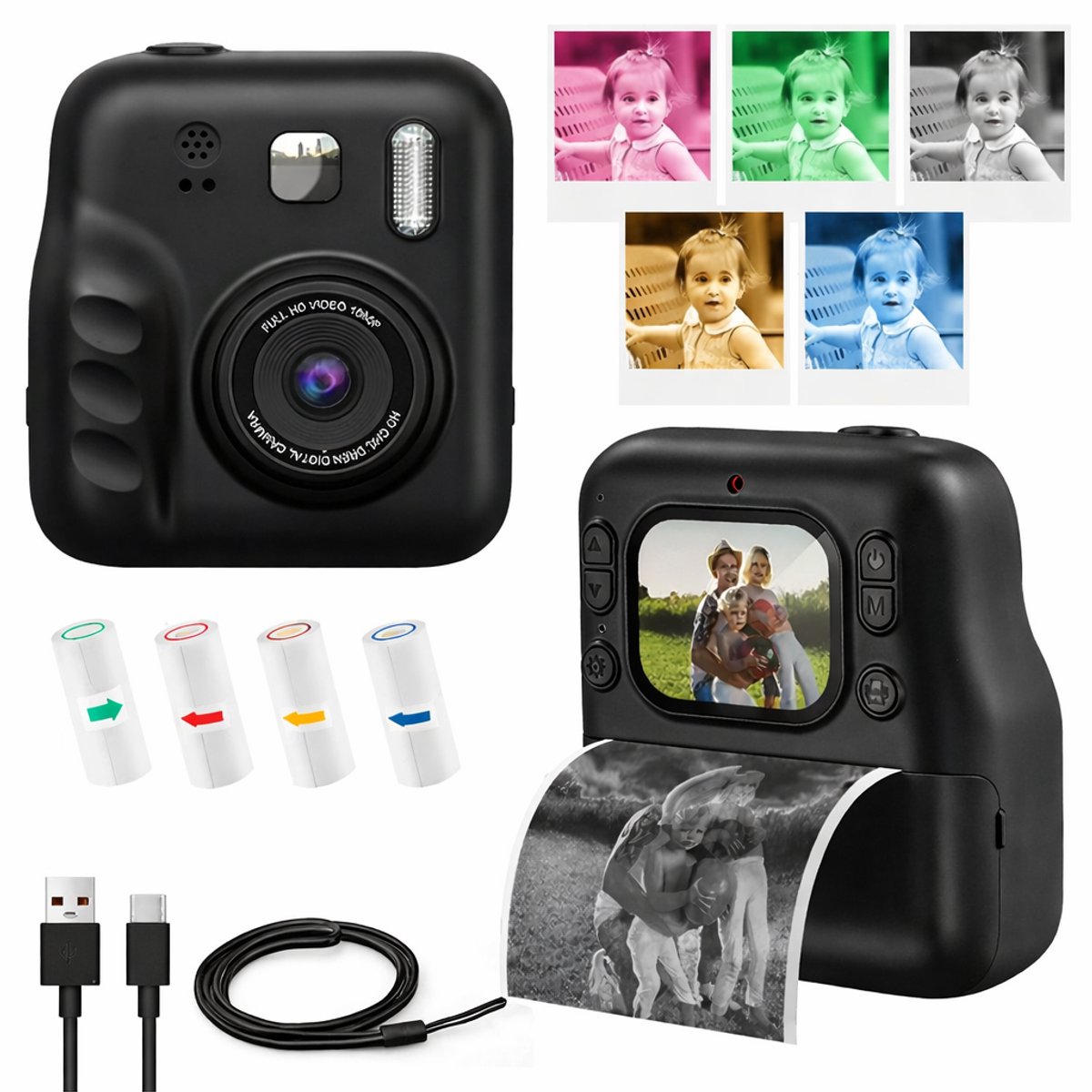 Jumalu Instant Camera – 2.4" HD Camera met Selfie Functie – 1080p – Inclusief 4 Rollen Fotopapier – Direct Print Camera voor Kinderen – Zwart thumbnail 5