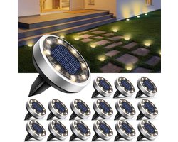 Set van 6 solar grondlampen Geschikt voor buiten, 8 LED-schijflampen, IP65 waterdicht, platte lampen, op zonne-energie, Geschikt voor tuinen, gazons, terrassen, patio's, paden en landschapsarchitectuur, warm wit licht