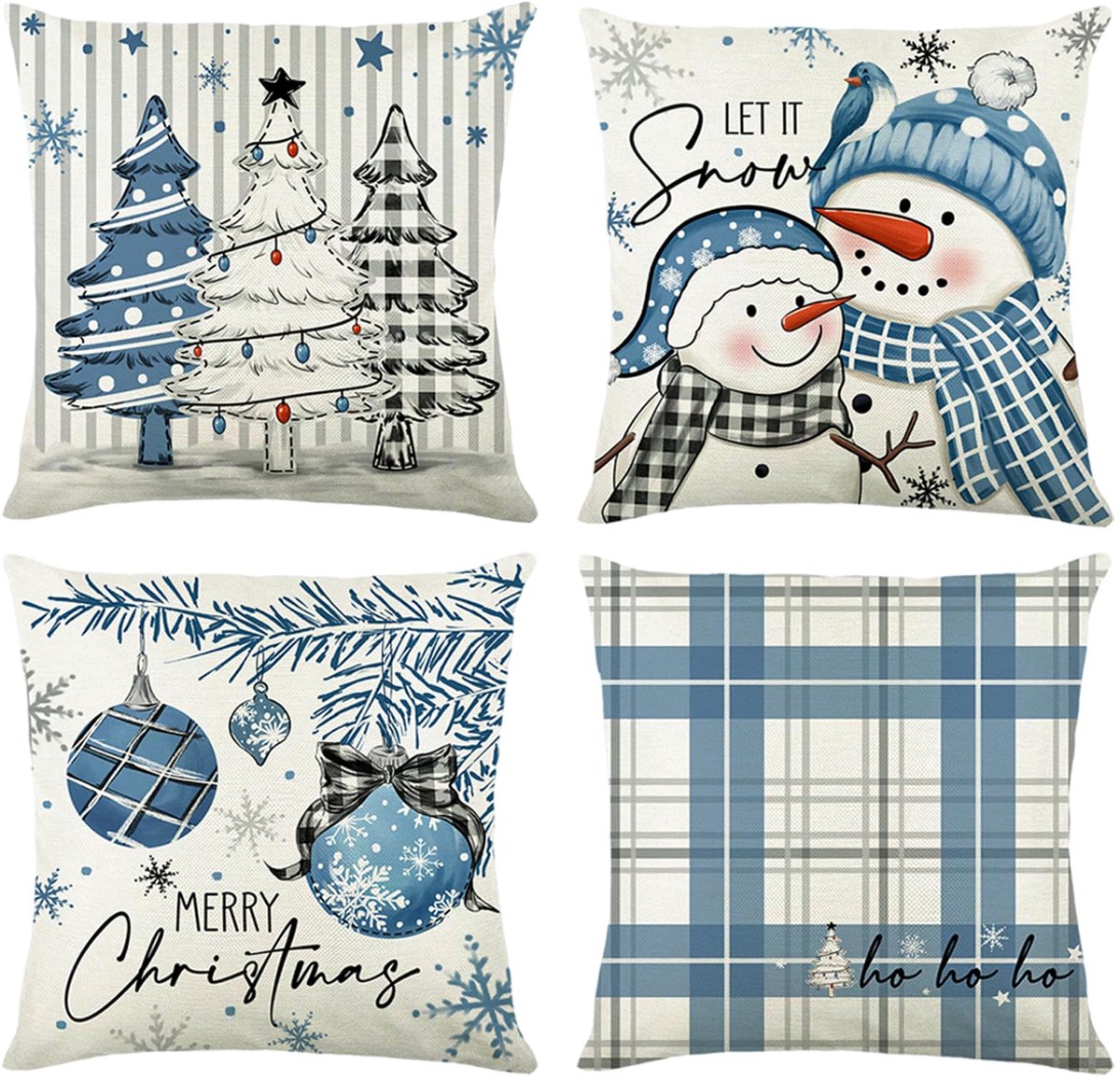 Unyqoos Set van vier blauwe kussenslopen met kerstmotieven voor een sfeervol interieur blauw wit