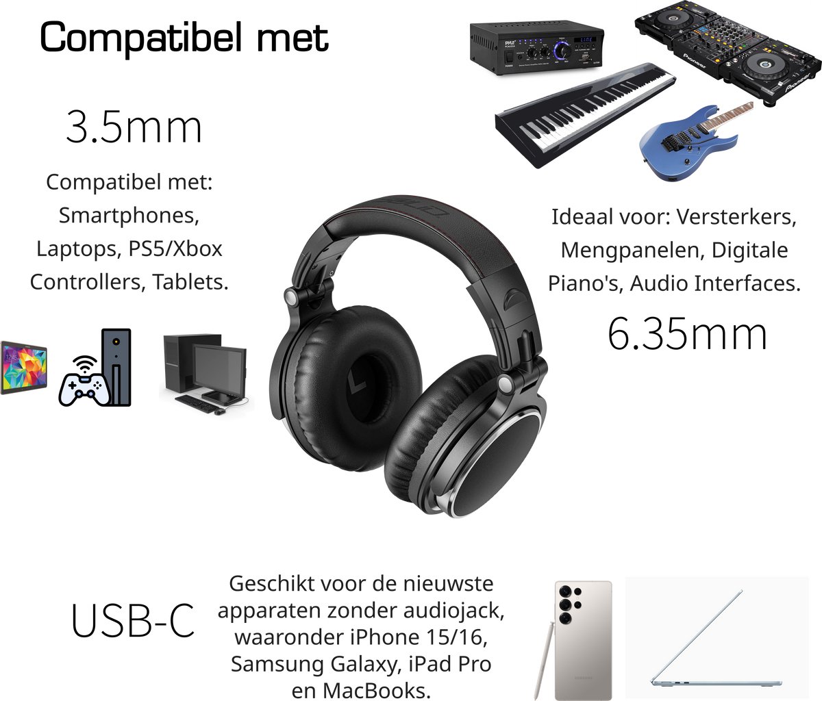 Solid DJ1 Over-ear DJ & Studio Koptelefoon - Inclusief USB-C Adapter, Microfoon & Draagtas - 3.5mm & 6.3mm Jack - Zwart — afbeelding 3