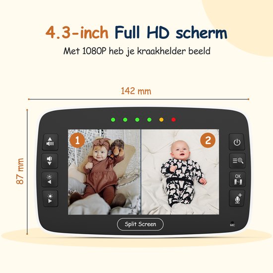 Sebikam 5.5 Baby Monitor with 2 Cameras, 720P HD Screen, 4000mAh Battery, PTZ 355°, VOX Mode, Night Vision, Two-Way Communication, Intercom Function, Temperature Sensor, Lullabies
