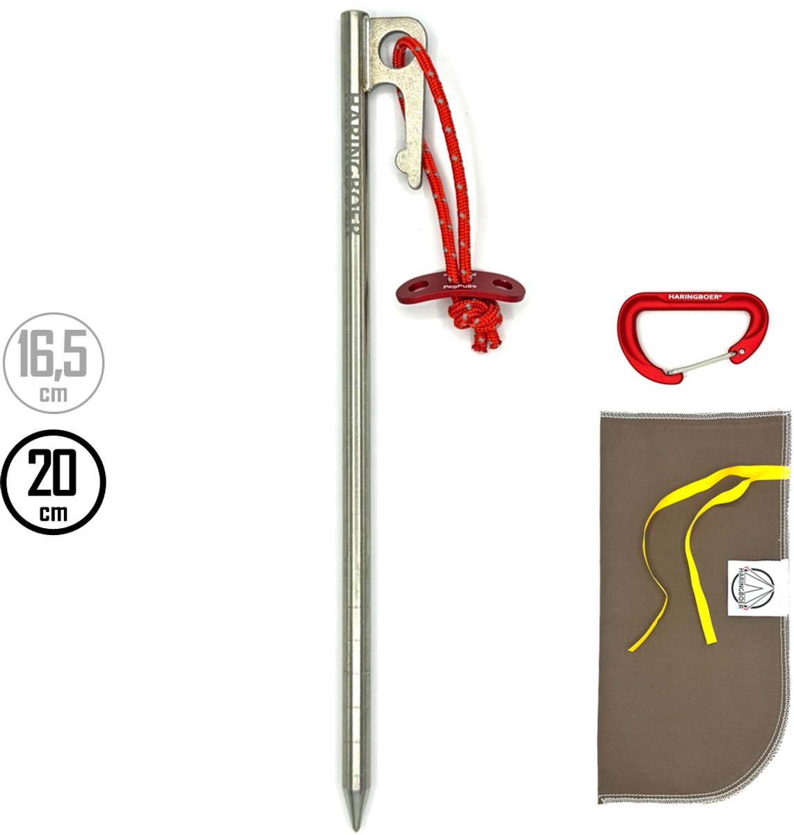Tentharingen Titanium 20 cm - 8x Rotspennen voor Tent met PegPull® - Incl Haringzak & Carabiner - Haringboer®