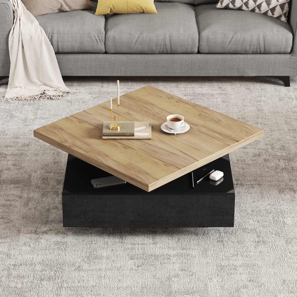 Multifunctionele vierkante koffielade die 360° draait, hoogglanzende 2-laags draaibare salontafel met opbergkast, bijzettafel voor de woonkamer in naturel houtkleur + zwart, spaanplaat