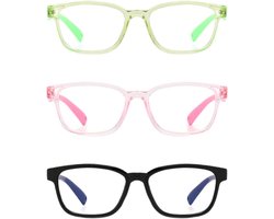 Kinderbril Set van 3 - Anti-Blauw Licht - Bescherming tegen Vermoeidheid - Beschermend & Modieus - Voor School en Spelen - Roze/Groen/Zwart - 68-11-122