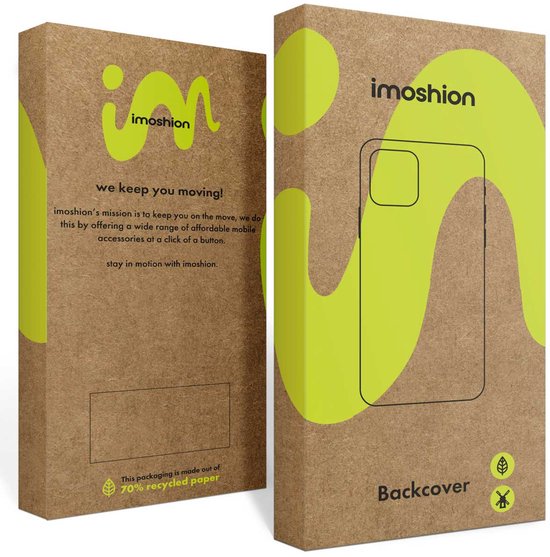 Emballage imoshion, fabriqué à partir de 70% de papier recyclé, avec une illustration d'une coque de téléphone.
