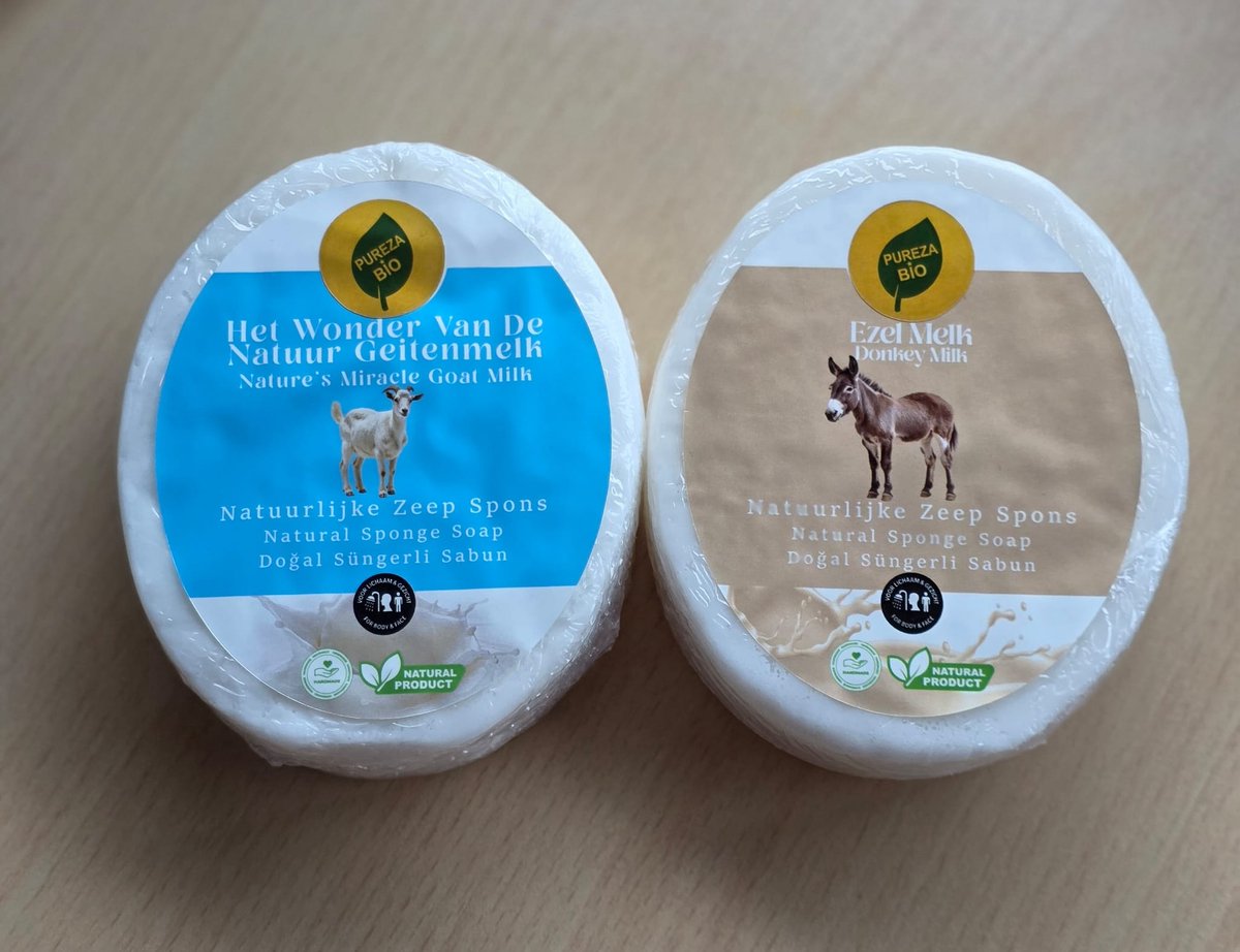 Ezel Melk & Geiten Melk Combi / Zeep Spons / Sponge Soap / Biologisch en handgemaakt (Voor gezicht en lichaam)