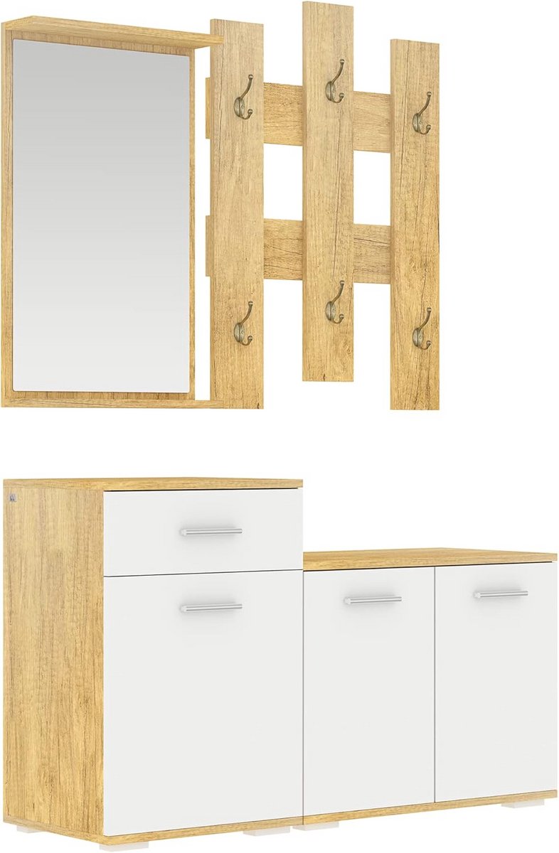 3-in-1 Garderobeset met 6 haken, spiegel en schoenenrek, gangdressoir met bank en opbergka