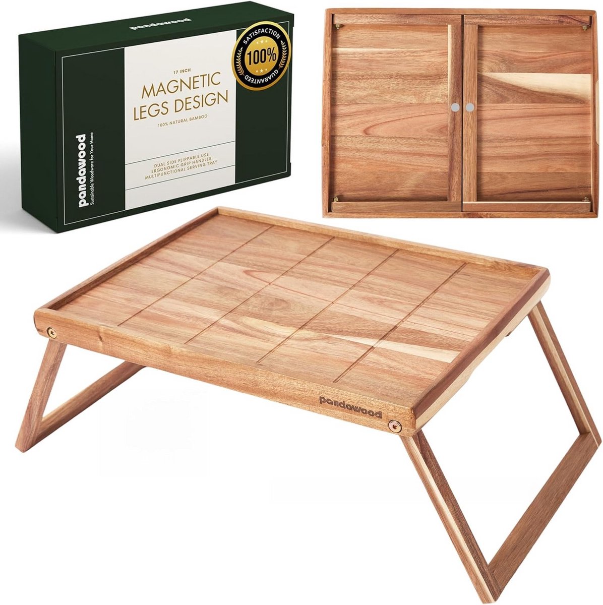 Houten Bedlade met Inklapbare Poten - Acaciahout Ontbijt- en Laptopblad - Multifunctioneel Serveerblad voor Bed en Bank