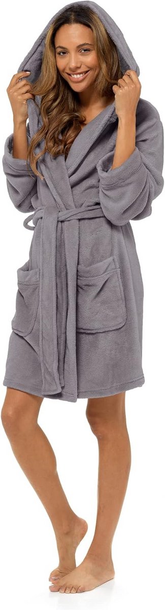 Vrouwen badjas luxe fleece zacht warm met capuchon en ceintuur - neutrale tinten