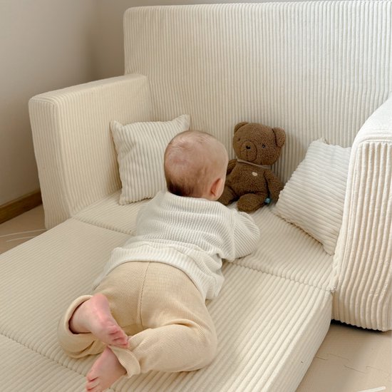 Flumi opvouwbare mini kindersofa van ribfluweel - zachte kinderbank met uitklapfunctie en afneembare hoes, crème van Merkloos — afbeelding 3
