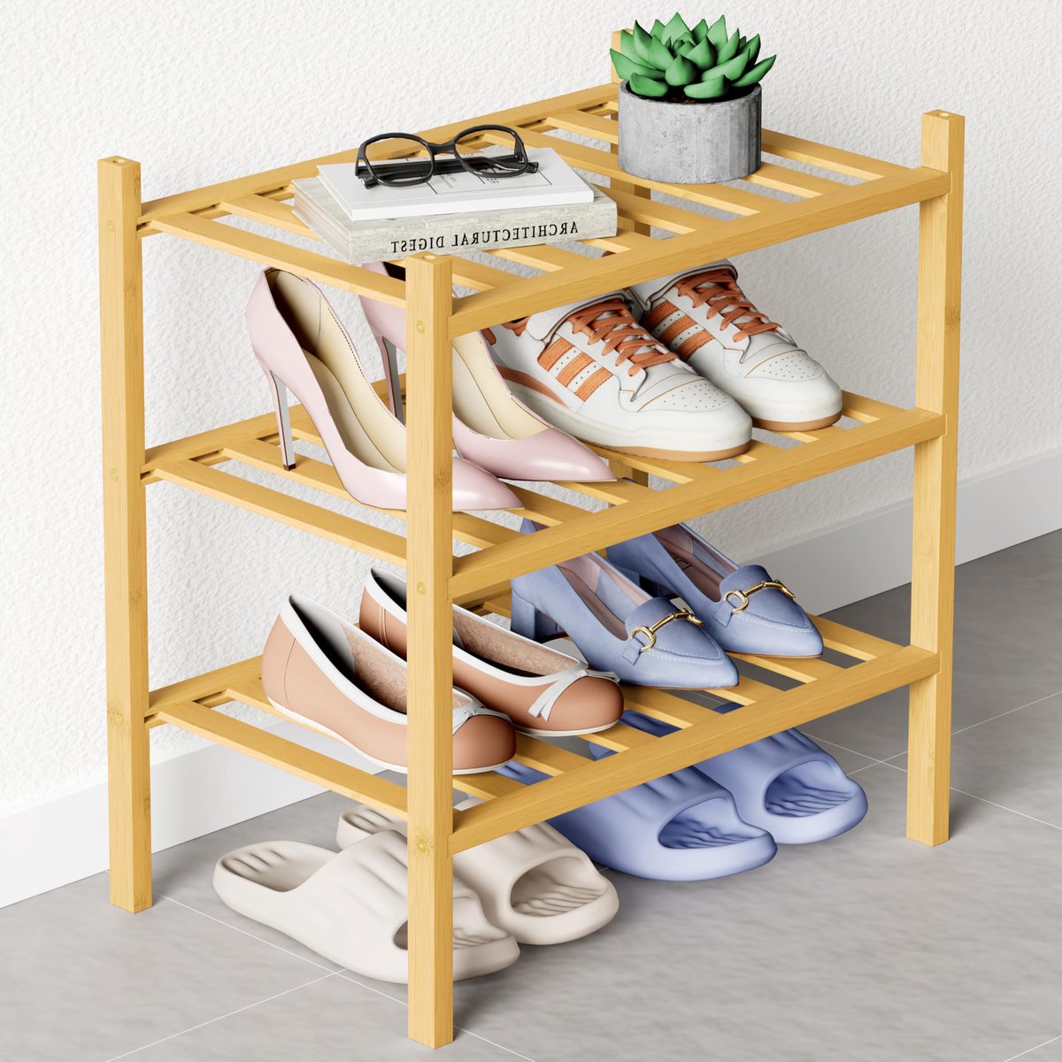 Homaxy Schoenenrek (3 niveaus)- Bamboe Schoenenrek - Voor 12 paar schoenen - 68x28x46.5cm - Houtkleur