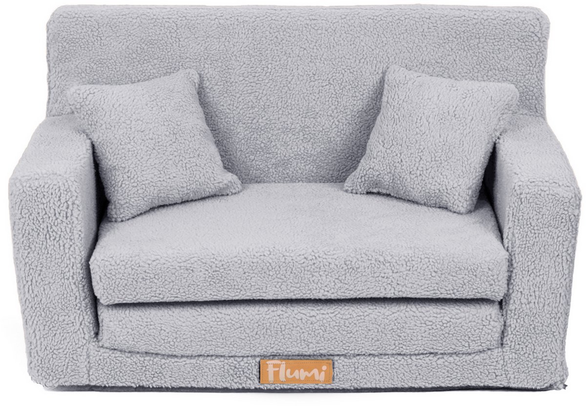 Flumi opvouwbare mini kindersofa van teddy stof – zachte kinderbank met uitklapfunctie en afneembare hoes, grijs