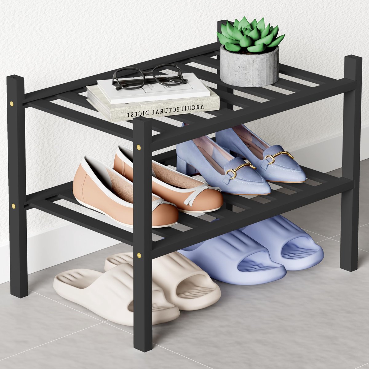 Homaxy Schoenenrek (2 niveaus) - Bamboe Schoenenrek - Voor 9 paar schoenen - 68x28x33cm - Zwart