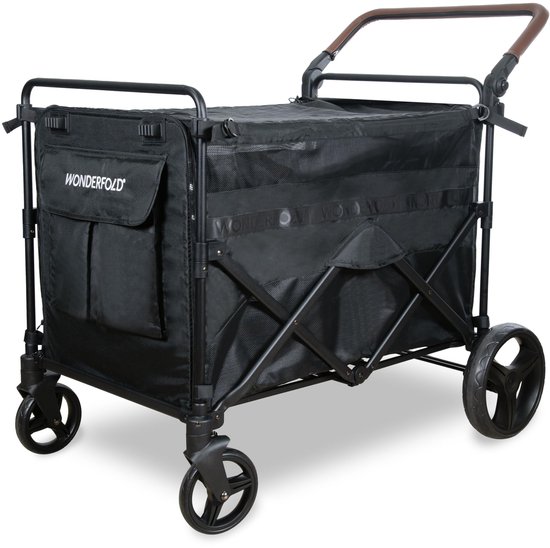 Zwarte WonderFold kinder- en hondenbuggy in opengeklapte staat, met twee voorvakken.