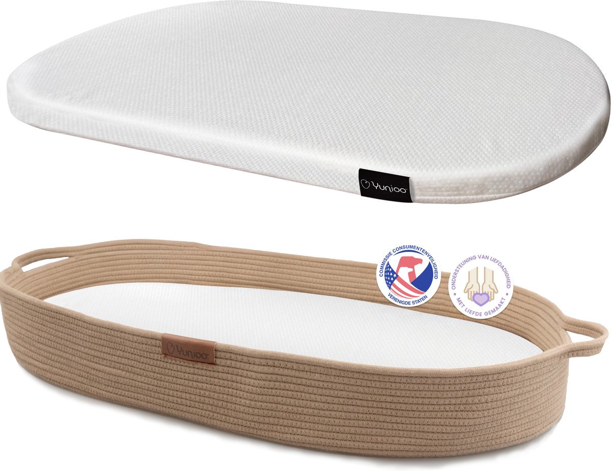 Bol.com Yunioo Aankleedkussen XL - Verschoonkussen 80cm - Baby Verschoonmand Katoen - Mozesmand incl. 3 cm Dik Matras - Bruin aanbieding