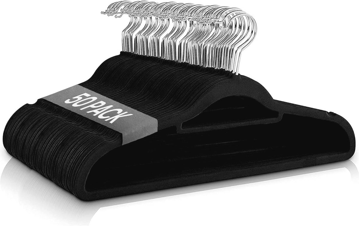 Fluwelen Kleerhangers - 50 Stuks - Zwart - Antislip en Dun