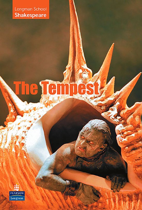 De kaft van "The Tempest" van Longman School Shakespeare toont een verontrustend, oranje monster met puntige stekels en een gezicht in het midden.