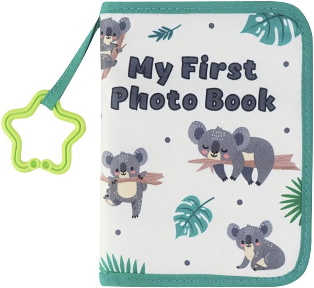 Dit fotoalbum van zachte stof biedt ruimte aan 17 foto's van 4x6 inch, heeft een veiligheidsspiegel en is perfect als doopalbum voor een baby (groene rand).