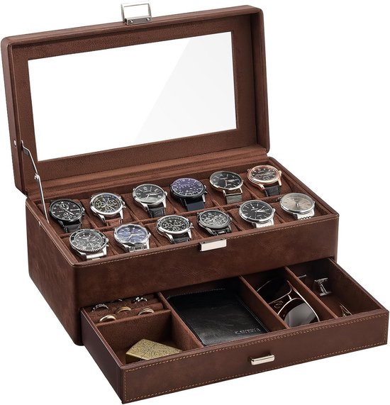 ProCase Horlogekast voor mannen, 10 sleuven horloge vitrine met lade, 2-laags heren horlogedoos, horlogehouder organizer met doorzichtige acryl cover, horlogecollectie opbergdoos - Espresso