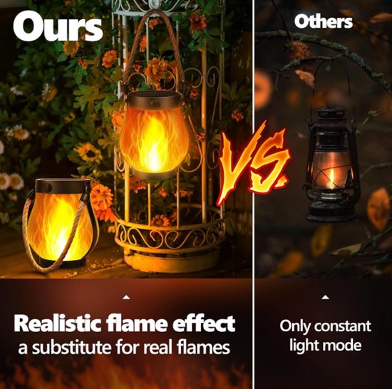 Solar Tuinverlichting - 2 Stuks - Vlam Effect - Tuinlantaarn - Tuinlamp Solar - Buitenverlichting - Solar Buitenlamp - Waterdicht - Met Touw - Geschikt Voor Camping, Terrassen, Tuinen, Patio's, Veranda's, Tuindecoraties — afbeelding 3