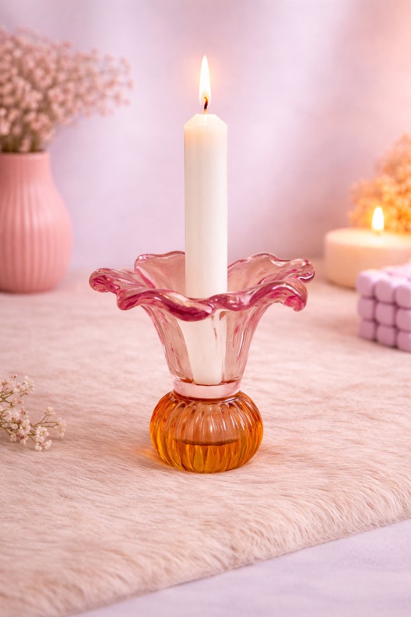 Glazen Kaarshouder in Roze & Amber – Dubbelzijdig & Betoverend | Viva Femme | Kaarsen | Waxinelichthouder | Kandelaar | Decoratie | Cadeau | Wonen | Lente