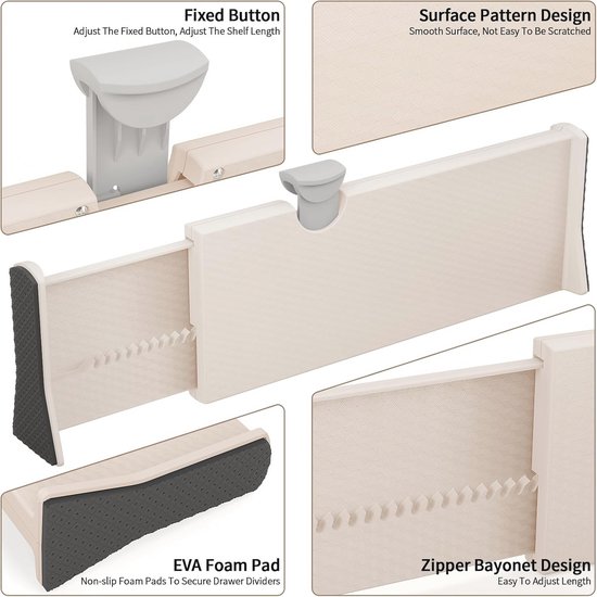 Yafe Set van 6 ladeverdelers, verstelbare ladeverdeler (11,3-20 inch), 3,2 inch hoge uitschuifbare kunststof ladeverdelers voor keuken, slaapkamer, kantoor, bureau, cosmetische bestekorganizers (wit