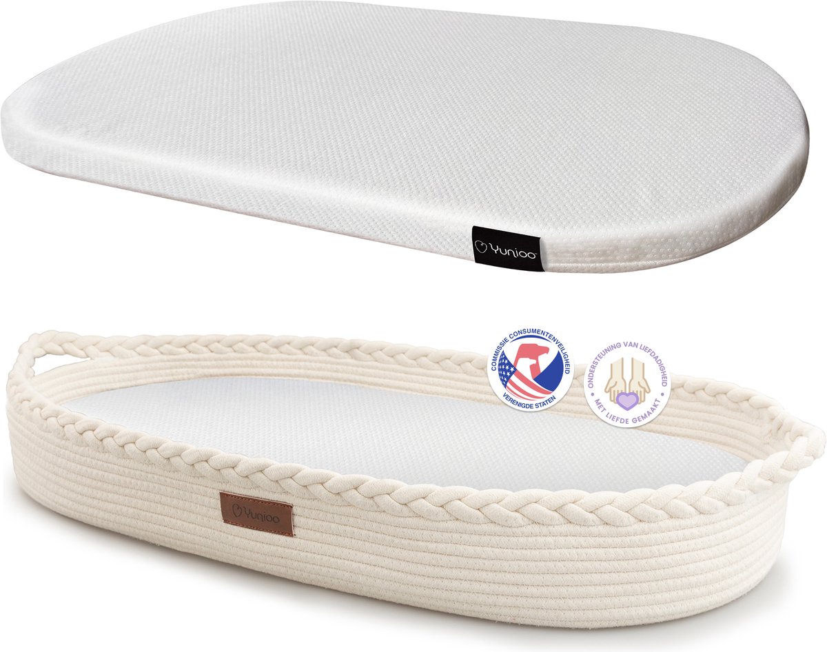 Bol.com Yunioo Aankleedkussen XL - Verschoonkussen 80cm - Baby Verschoonmand Katoen - Mozesmand incl. 3 cm Dik Matras - Wit aanbieding