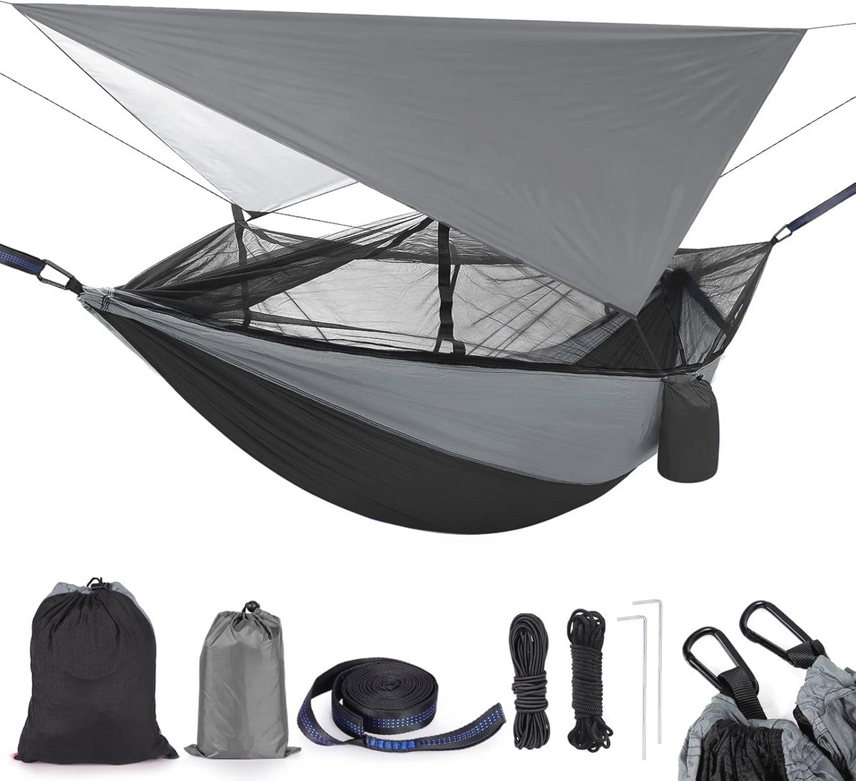 Lichte 2-persoons campinghangmat met klamboe - Zware waterdichte nylon hangmat voor buiten en reizen