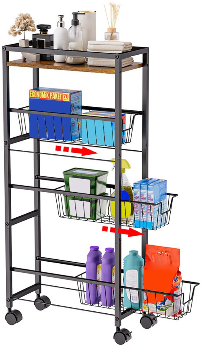 Keukentrolley op Wieltjes – Keukenkast – 4 laags – Keukenrek – Serveerwagen – Keuken Organizer – Modern – 42 x 20 x 90 cm – Zwart