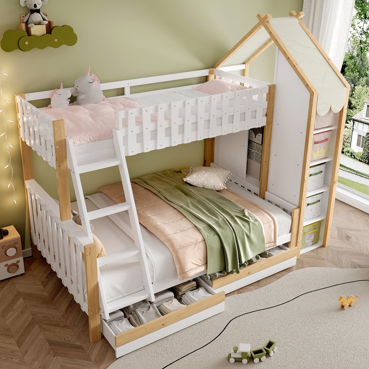 REDOM Stapelbed – Boven 90x200 cm, onder 140x200 cm – Huisbaldakijn met trap, 2 lades en open vakken – Wit/Naturel Wit+Natuurlijk