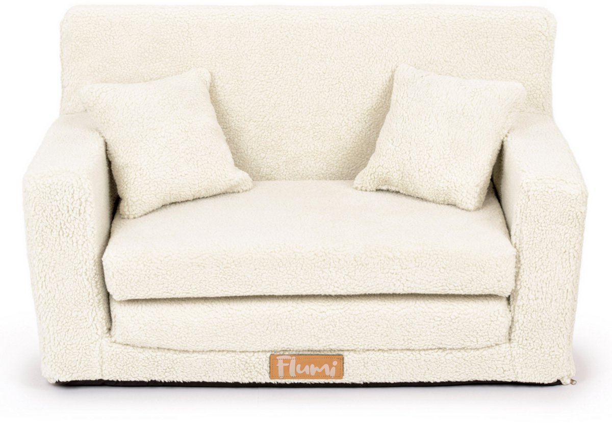 Flumi opvouwbare mini kindersofa van teddy stof – zachte kinderbank met uitklapfunctie en afneembare hoes, lichtbeige