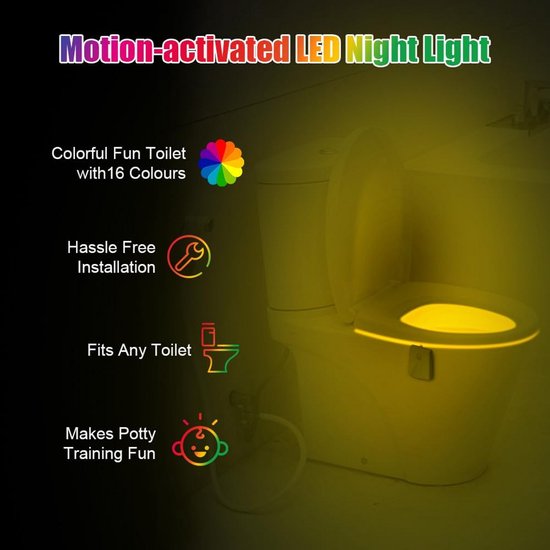 Bewegingssensor Toiletlamp met 16 Kleuren en Oplaadbare LED voor Nachtgebruik van Merkloos — afbeelding 2
