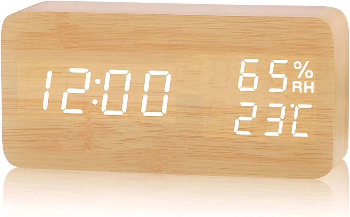 Digitale houten LED wekker met temperatuur, vochtigheid en aanraakbediening