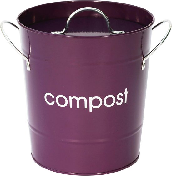 Paarse compostemmer met zilveren handvatten en deksel, met 'compost' in witte letters.