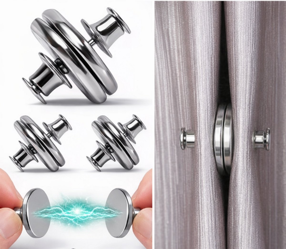FSW-Products Magnetische Gordijnhouders - 2 Paar - Gordijnhaken - Gordijnmagneet Zilver