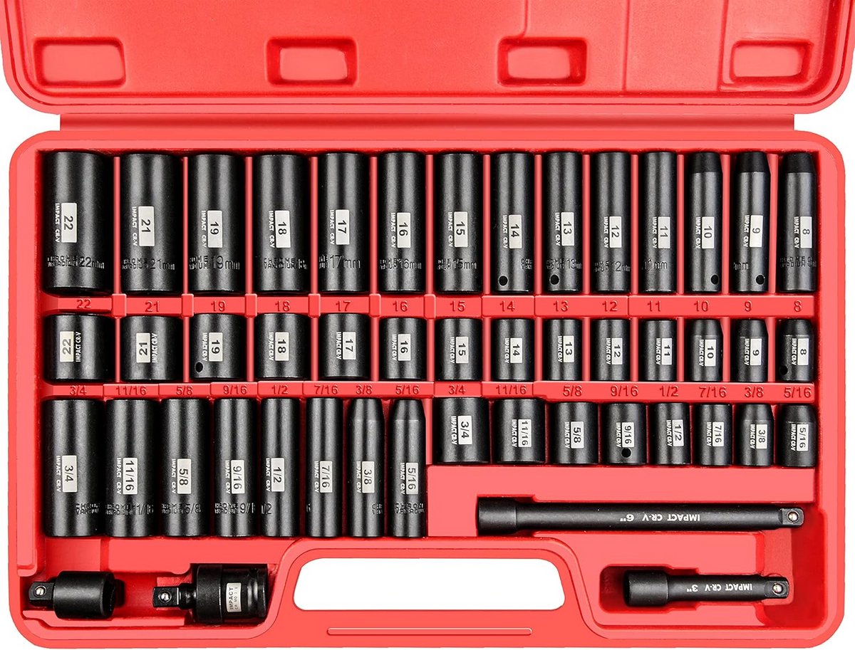 Impact Doppenset 3/8" Aandrijving, SAE en Metrische Maten, 48 Delig