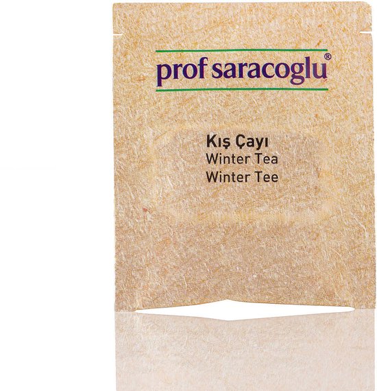 Prof Saracoglu Kış Çayı (Winter Tea) theezakje, lichtbruine kleur met groene tekst.