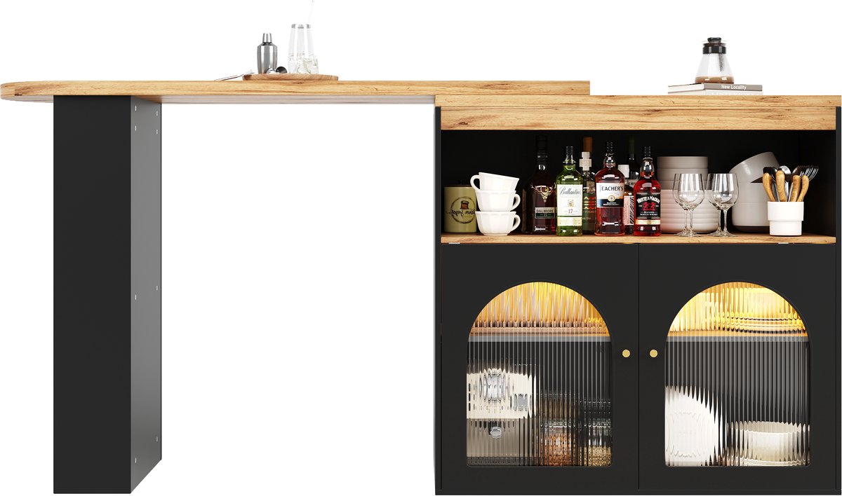 138-193 x 39 x 105 cm Moderne uitschuifbare bartafel, uitschuifbare eettafel met opbergruimte, staande bistrotafel, draaibaar, voor eetkamer, met 1 m lange LED-lichtstrip (instelbare lichtkleur), zwart