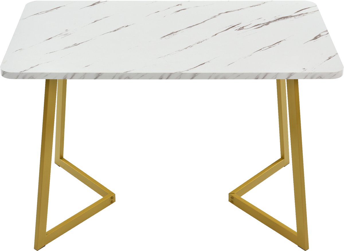 Eettafel van 117x68 cm (1 stuk), metalen frame, rechthoekige eettafel met modern marmerpatroon, keukentafel met metalen poten voor eetkamer/woonkamer, wit, goud/wit