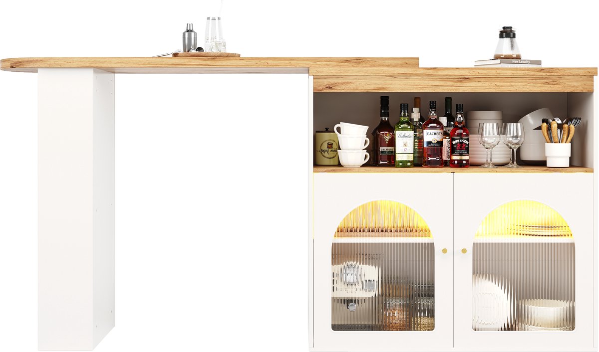 138-193 x 39 x 105 cm Moderne uitschuifbare bartafel, uitschuifbare eettafel met opbergruimte, staande bistrotafel, draaibaar, voor eetkamer, met 1 m lange LED-lichtstrip (instelbare lichtkleur), wit