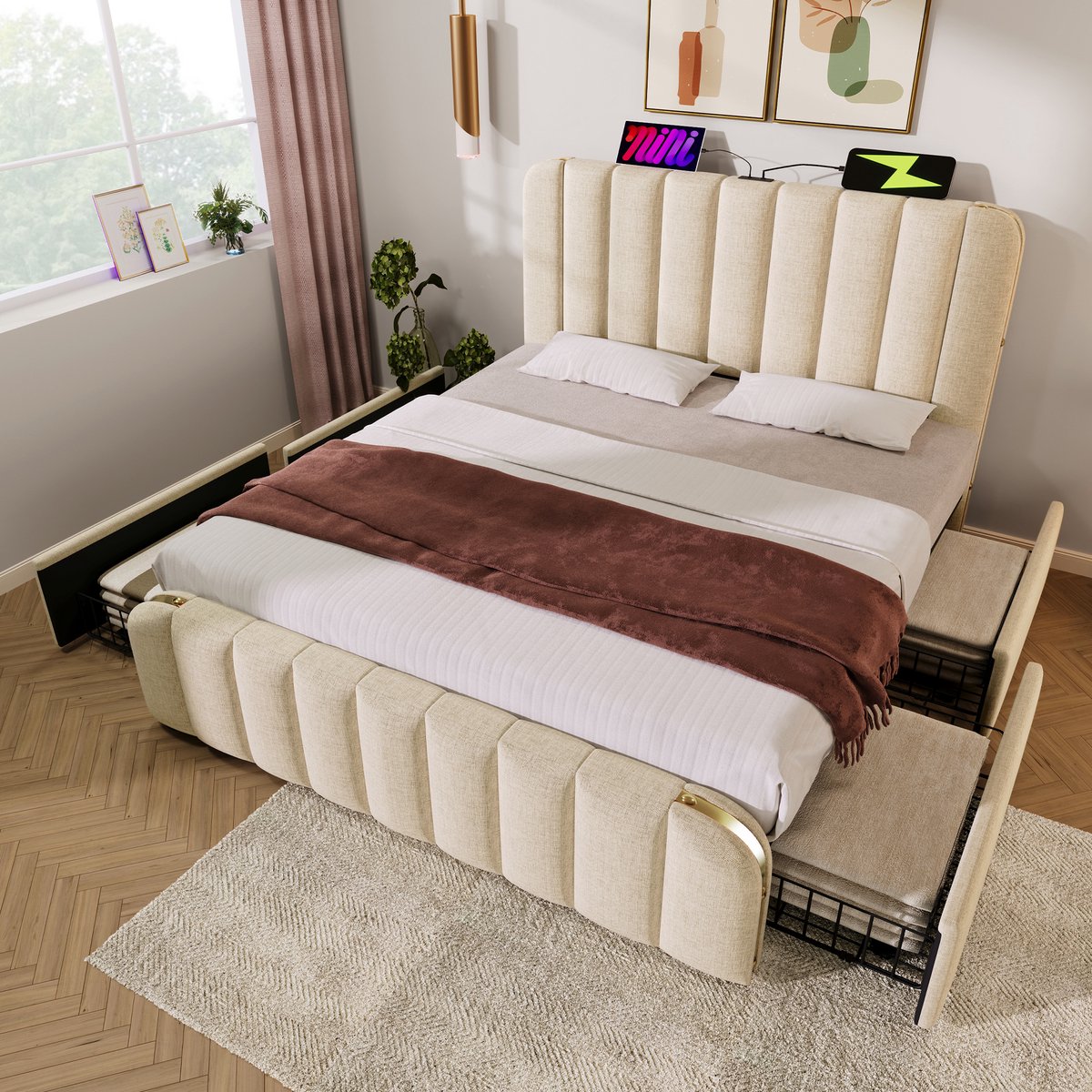 Gestoffeerd bed 160x200 cm - hoofdeinde met gouden sierstrips - USB Type-C oplaadfunctie - met 4 lades - beige - zonder matras