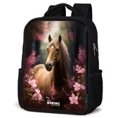 NoBoringSuitcases.com® - Rugzak zwart - Schooltas jongen & meisje - Goudbruin - Paard - Bloemen - Rugtas voor school - Boekentas kind - Schoolrugzak - Kinderrugzak
