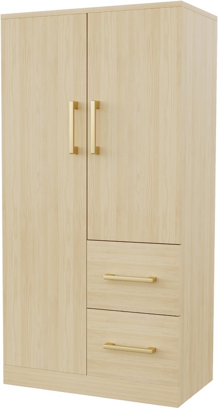 Licht houten kledingkast met dubbele deuren en drie lades, gouden handgrepen.