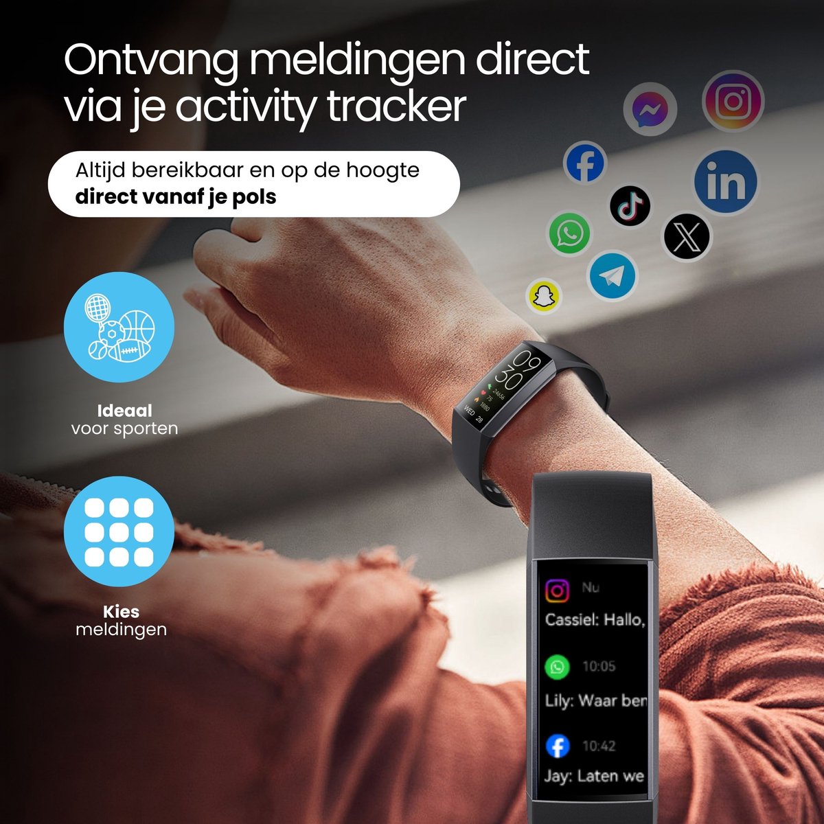 Siltcon® Activity Tracker Pro – Stappenteller Horloge - Hartslagmeter – Bloeddrukmeter - Slaapmonitor - Saturatiemeter – Sporthorloge – Smartwatch Dames, Heren & Kinderen - Universeel - RVS - Elke pols - Incl. 2 Bandjes thumbnail 3