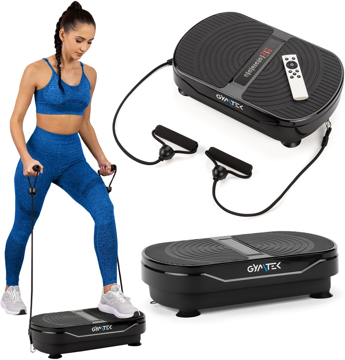 Gymtek® Trilplaat XP300 - tot 150kg - 5 Trainingsprogramma's, 160 Niveaus - 2 Uitbreidingsbanden - Bluetooth, Afstandsbediening, LCD, Luidspreker