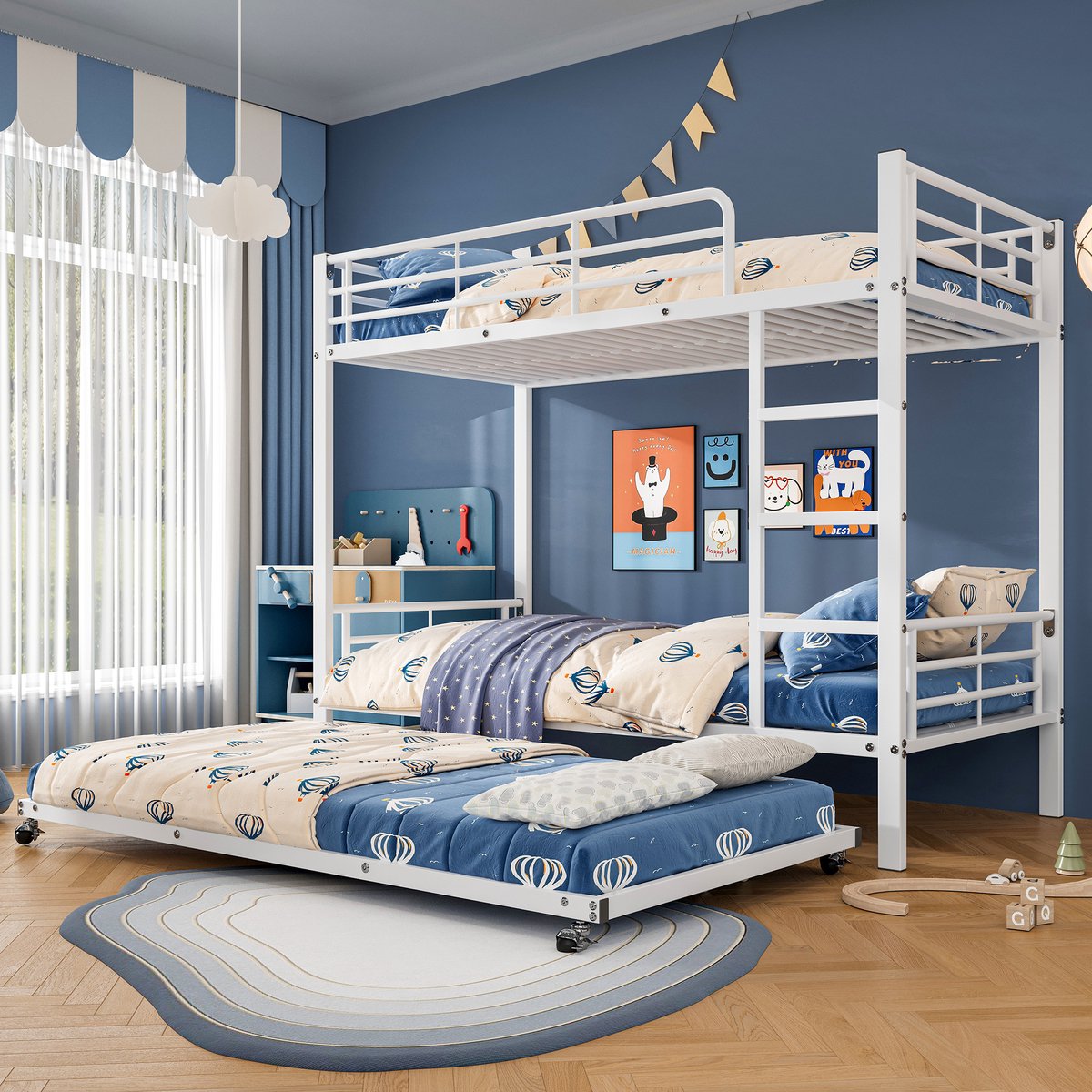 Wishdor 3-Persoons Stapelbed met Uitschuifbed (90x200 & 90x190 cm) - Rolbed / Kinderbed - Kraakvrij Metaal - Wit