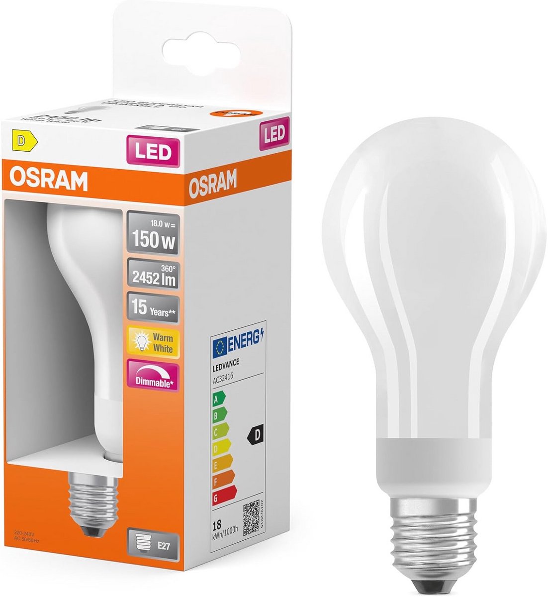 OSRAM LED lamp | Lamp base: E27 | Warm white | 2700 K | 18 W | matt | LED SUPERSTAR CLASSIC A [Energy efficiency class A++]